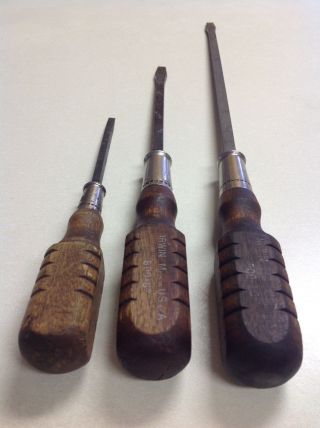 3 Vintage Wood Handled Irwin Screwdrivers 14 ",  6 " & 4 " Long