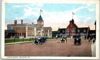 Decatur,  Illinois Postcard " Union Depot " Railroad Train Station View 1922 Rpo