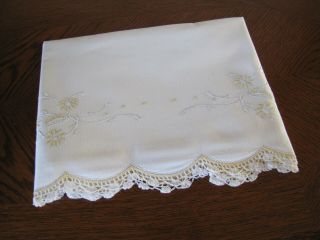 Vintage Single Pillowcase Embroidered & Crocheted Garlands Of Asters Exquisite