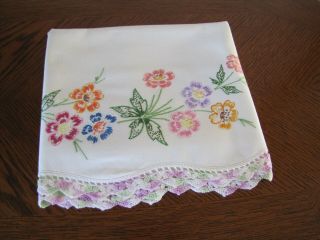 Vintage Single Pillowcase Embroidered & Crocheted Garland Of Cherry Blossoms Wow