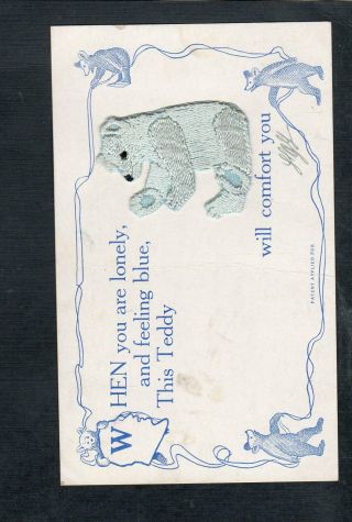 E563 Postcard Artist Designed Embroidered Teddy Bear Light Blue