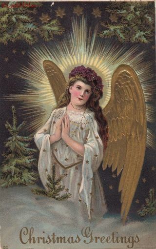 Postcard Christmas Greetings Angel Golden Wings Praying 1910