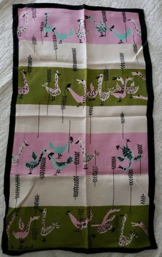 Vintage Pat Prichard Tea Towel 28 " X 15.  5 " Pink,  Teal,  Green,  Ivory.  Bird Theme