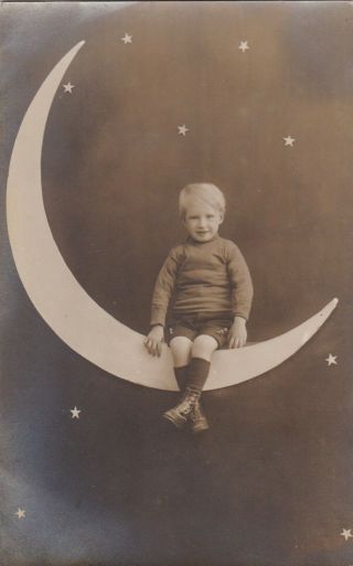 Old Photo Children Boy Sat On Moon Stars F2