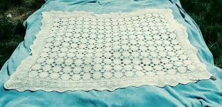 Vintage Hand Crochet Tablecloth,  White Cotton,  Rectangle