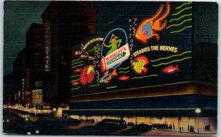 York City Postcard Times Square Night Scene Wrigley Sign Linen 1938 Cancel