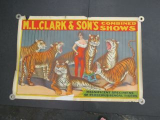 Ebab  Sells Bros.  Circus Poster 1920s Bengal Tigers,  Riverside