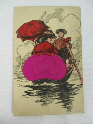 Antique Postcard With Couple In Rowboat W Large Silk Bottom Perfume Sachet