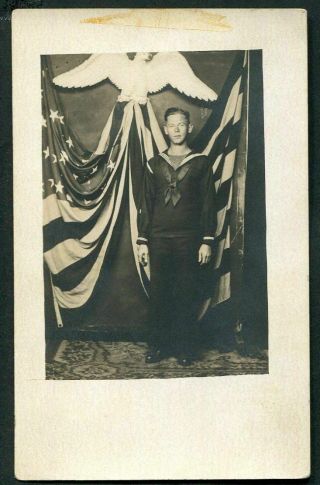 RPPC YOUNG BOY SCOUT w AMERICAN FLAG - ANTIQUE REAL PHOTO POSTCARD c 1925 2