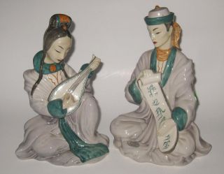 Antique Goldscheider Chinese Poet &guitarist Porcelain Figurines By Sylvia Scott