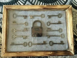 12 Antique Skeleton Key & Miller Paddle Lock In A Rustic Shadow Box For Display