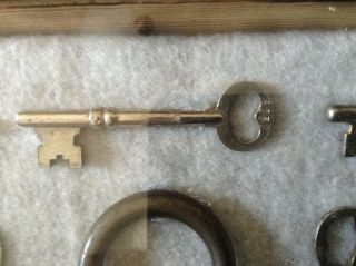 12 Antique Skeleton Key & Miller Paddle Lock in a Rustic Shadow Box for Display 5