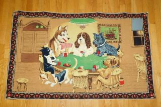 Vintage Turkey Tapestry Dogs Playing Cards Gambling Mid Century Wall Art Hanging