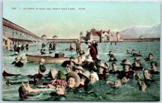 Great Salt Lake,  Utah Postcard " Bathing At Saltair " Pavilion View Mitchell 1910s