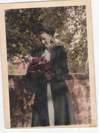 1950 Pretty Young Woman In Hat Flowers Fashion Hand Tinted Russian Soviet Photo
