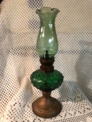 Vintage Green Glass Miniature Kerosene Oil Lamp Wedding Hong Kong Metal Base