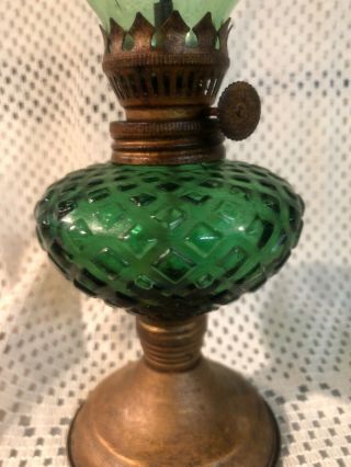 Vintage GREEN Glass Miniature Kerosene Oil Lamp Wedding Hong Kong Metal Base 2