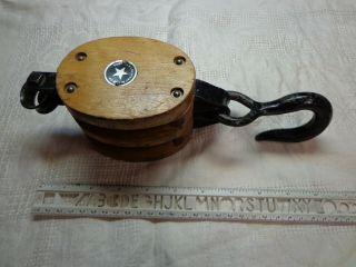 Boston & Lockport Block Co.  Wood Iron Double Pulley 4 " Roller Bushed Cond.