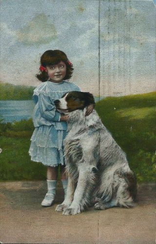 Great Pyrenees Dog W/ Pretty Little Girl In Blue Vintage 1908 Postcard