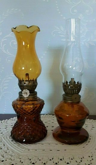 Vintage Set Of 2 Amber Glass Mini Kerosene Oil Lamps.