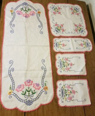 Vintage Set of 5 Hand Embroidered Dresser Scarf Table Runner Vanity Doily Floral 2