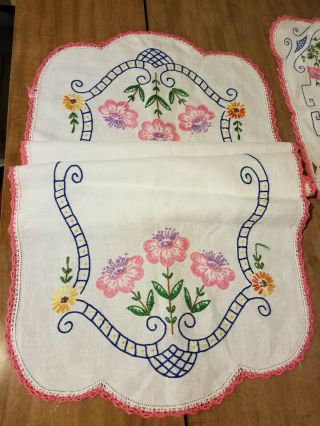 Vintage Set of 5 Hand Embroidered Dresser Scarf Table Runner Vanity Doily Floral 3