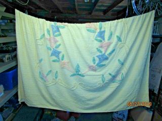 Large Vintage Chenille Bedspread Yellow Light Blues & Pink Floral 100x70 "