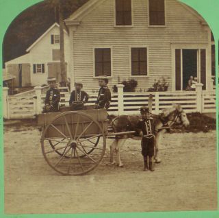 Vintage Kimball Stereoview 4 Boys In Unusual Uniforms On A Cart Concord,  Nh