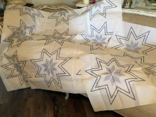 Lovely Vintage Hand Embroidered Blue Stars 52x85 Cotton Quilt Top,  3 Squares