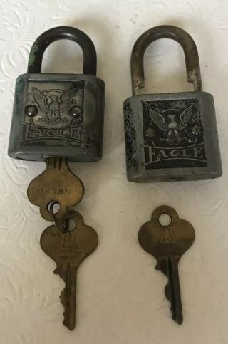 (2) Antique Embossed Eagle Padlocks Terryville Conn Locks W/ Keys