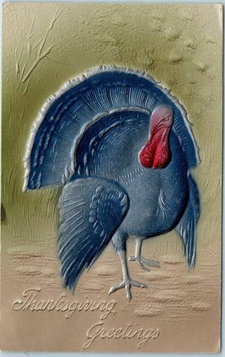 Vintage Thanksgiving Greetings Embossed Postcard / Airbrushed Turkey 1908 Cancel