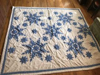 Vintage Hand Made Quilt Blue White Snowflake Star Blanket Bedspread Queen