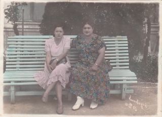 1953 Pretty Young Women Plump Friends On Bench Hand Tinted Russian Soviet Photo