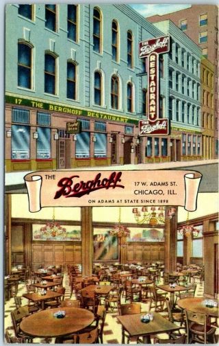 Chicago Il Postcard The Berghoff Restaurant Street & Interior View Linen 1955