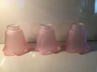 3 Vintage Frosted Pink Glass Lamp Shade Flower Shape Leaf Design Light Fixture