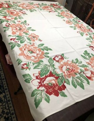 Vintage Table Cloth Printed Salmon & Red Flowers Euc