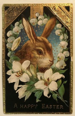 Cute Bunny Rabbit In Wreath Of Flowers Antique Gel Embossed Easter Postcard - C347