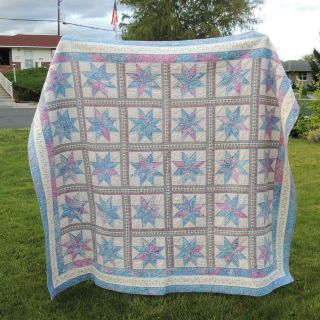 8 Point Star Hand Stitched Quilt,  72 " X 80 ",  Blue & Pink
