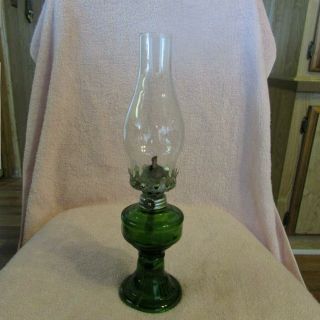 Vintage Mid Century Green Glass Hurricane Oil Lamp With Clear Glass Chimney