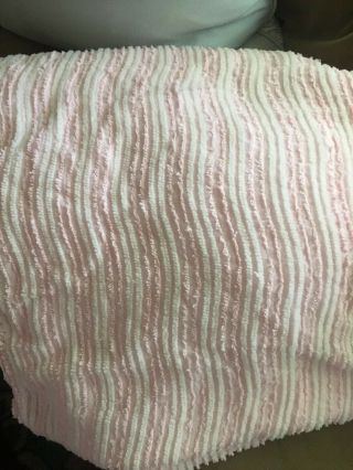Vintage Pink Striped Chenille Bedspread 80” X 97” Lightweight