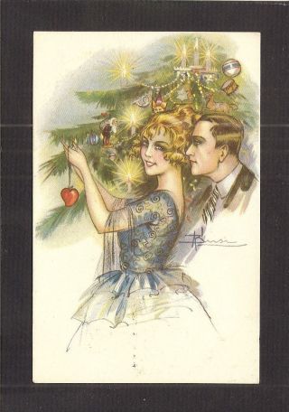 Postcard: Signed Adolfo Busi: Couple Trimming Christmas Tree - Postmarks,  1922