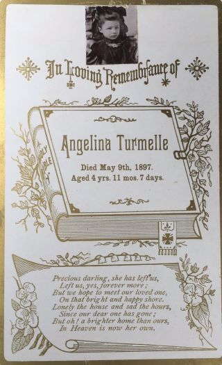 1897 Dead Girl Angelina Turmelle Post Mortem Funeral Cabinet Card Photo Named