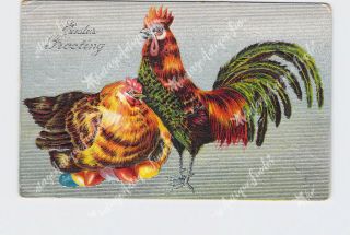 Ppc Postcard Easter Greetings Rooster Hen Eggs Embossed