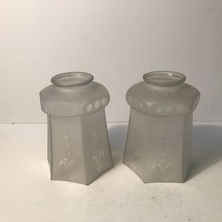 Antique Matching Pair Frosted Etched Glass Shades Lamp Fixture Art Deco 1940s