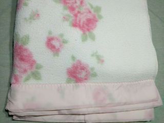 Vtg Blanket Soft White Pink Floral Roses 3 " Binding Trim 74 X 84 Double/ Twin