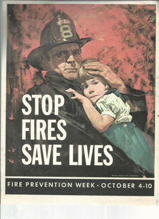 Vintage 1940s Fire Prevention Week 8”x10” Poster Stop Fires Save Lives