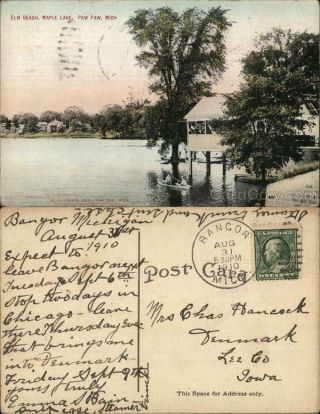 1910 Paw Paw,  Mi Elm Beach,  Maple Lake Van Buren County Michigan Postcard 1c Stamp