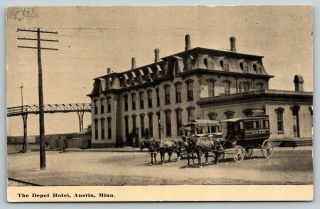 Austin Minnesota Depot Hotel Fox & Elk Hotels Stage Coaches 1913 B&w Pc
