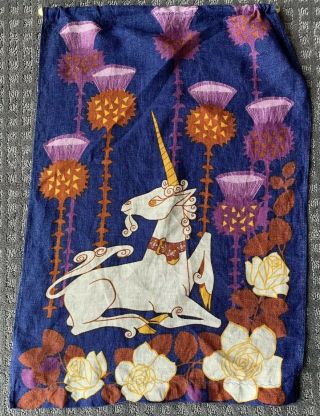 Vintage Ireland Irish Linen Dish Tapestry Art Tea Towel Unicorn Roses Thistles