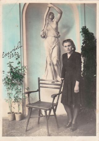 1950 Pretty Young Woman Girl Statue Hand Tinted Old Fashion Russian Soviet Photo